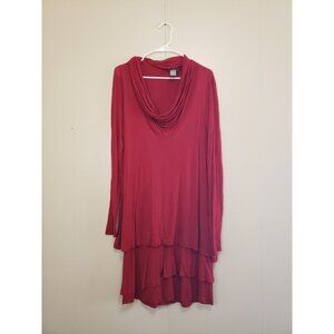 Neiman Marcus Womens L Dress Draped Neck Red Flowy Tiered Stretchy Semi Sheer